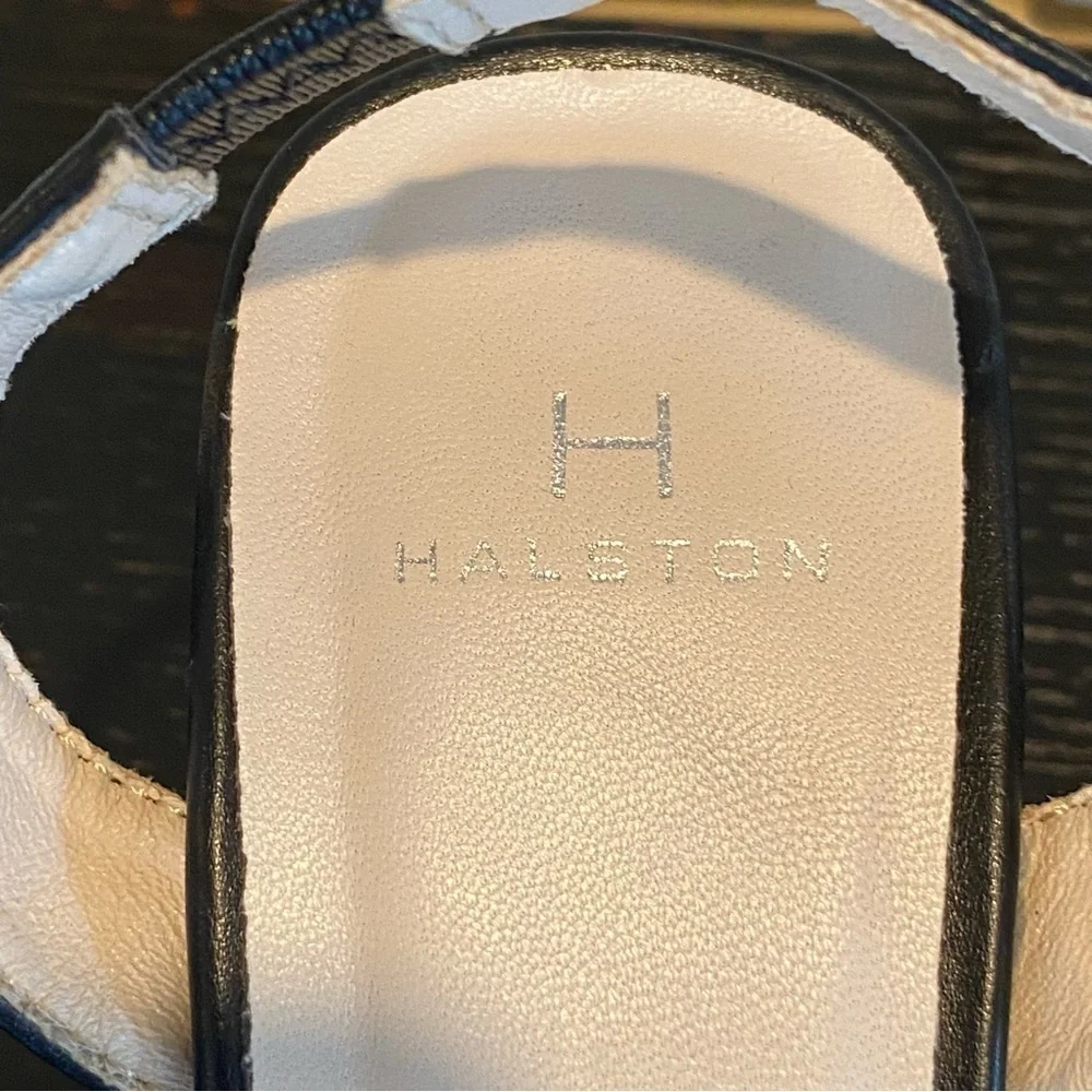 H Halston Hong Kong Sling Back Leather Heels Sandals Shoes BLACK 8.5 Square Toe